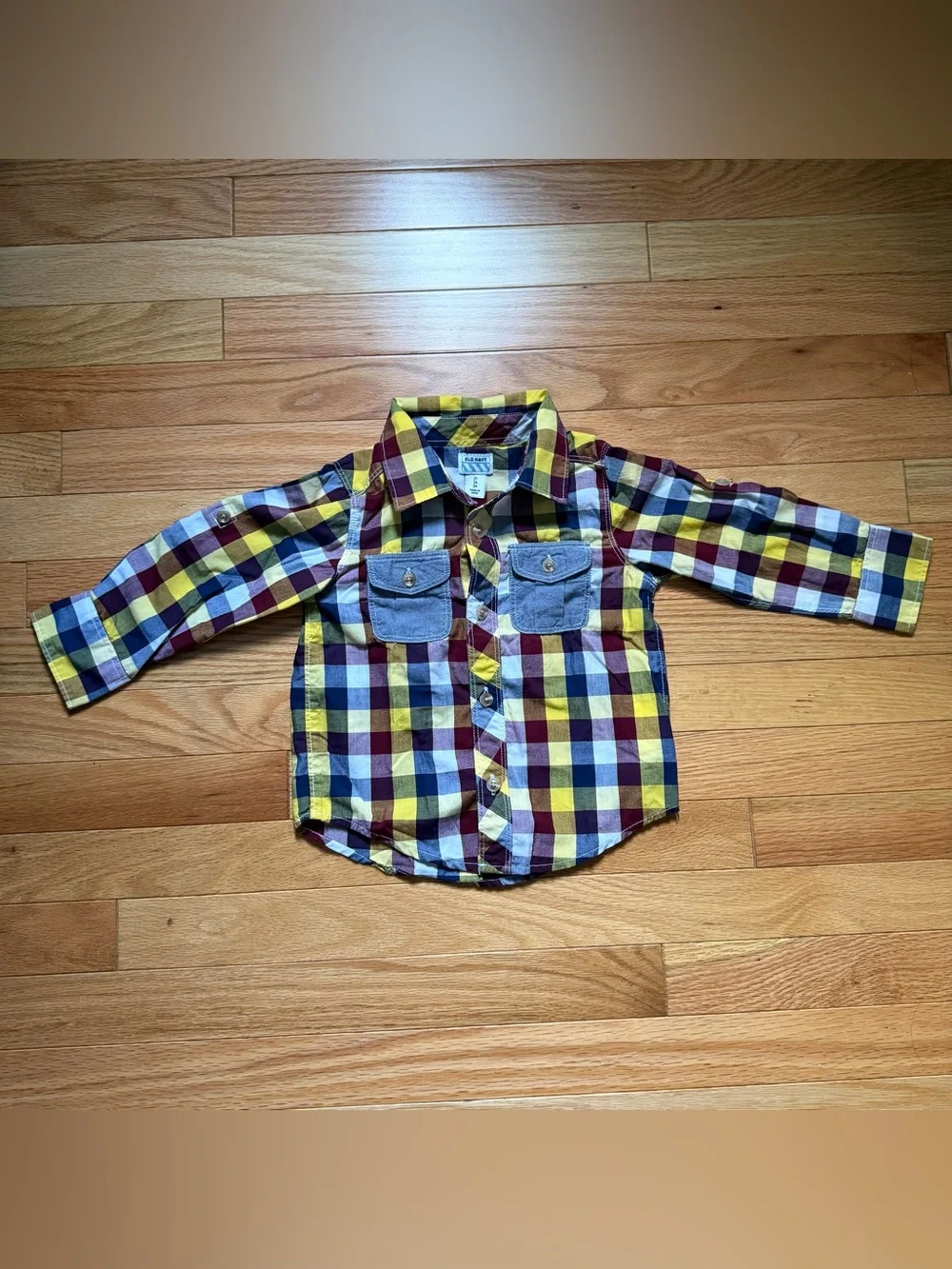 Old Navy Plaid Button-Down Shirt in Yellow, Red & Blue with Chambray Pockets